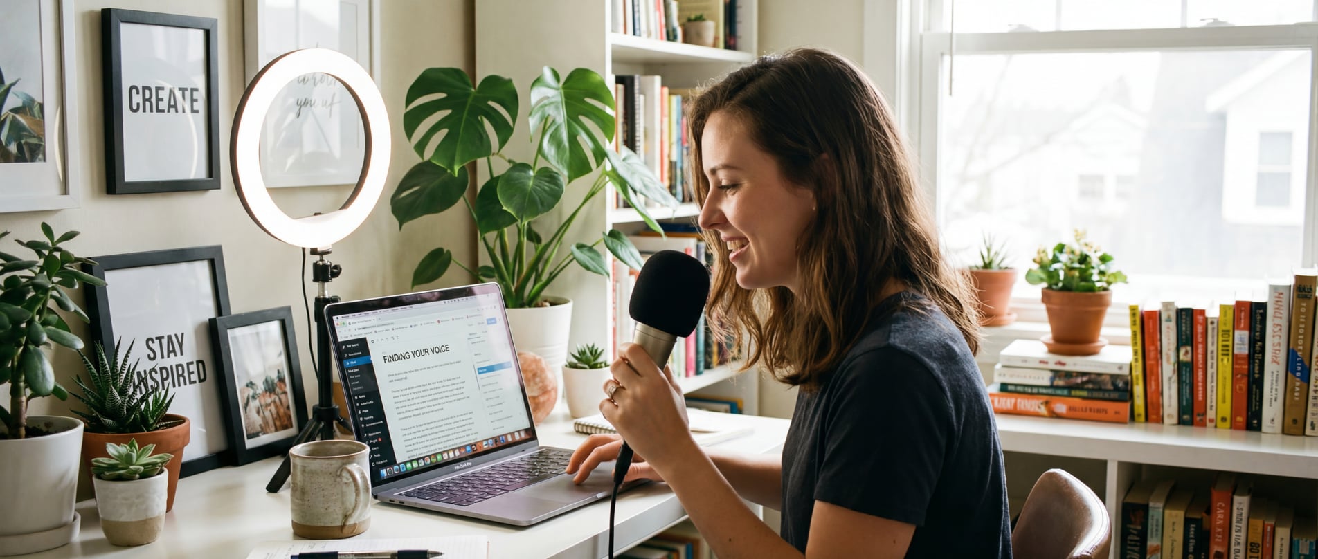 Content creator gebruikt spraakdicteren op creatieve werkplek