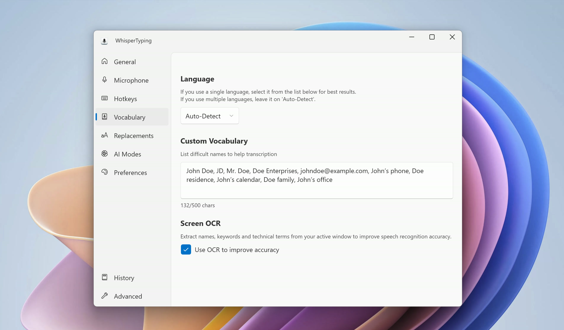 Vocabulary instellingenpagina met taal, aangepaste vocabulaire en OCR-opties