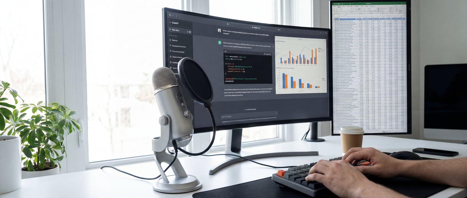 Data analist werkplek met AI-chat en spreadsheets